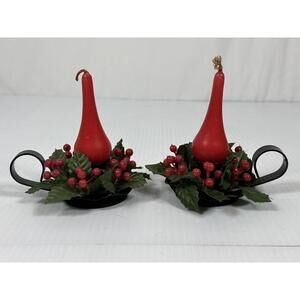 2 Vintage MCM Christmas Scandia Tear Drop Candles Metal Carrier Holly Berries‎